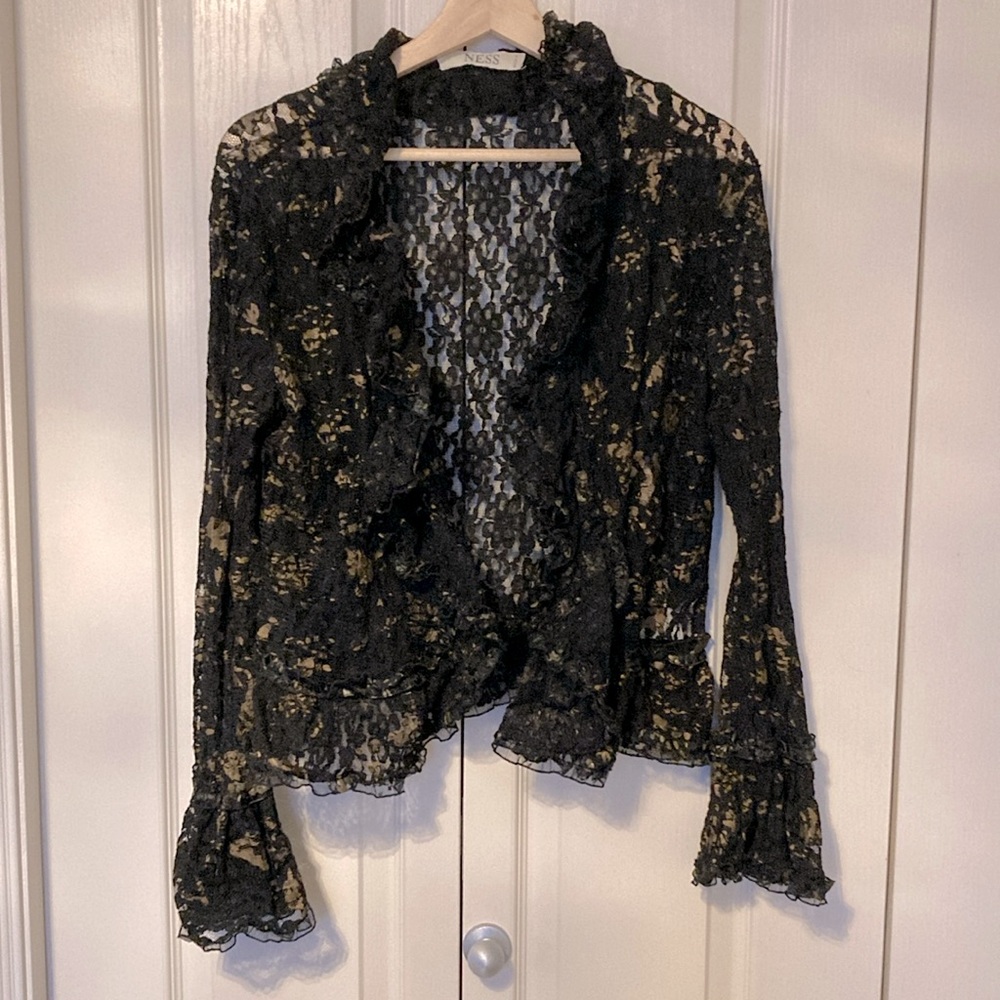EUC NESS black and gold lace shrug with ruffled edge and bell cuffs.